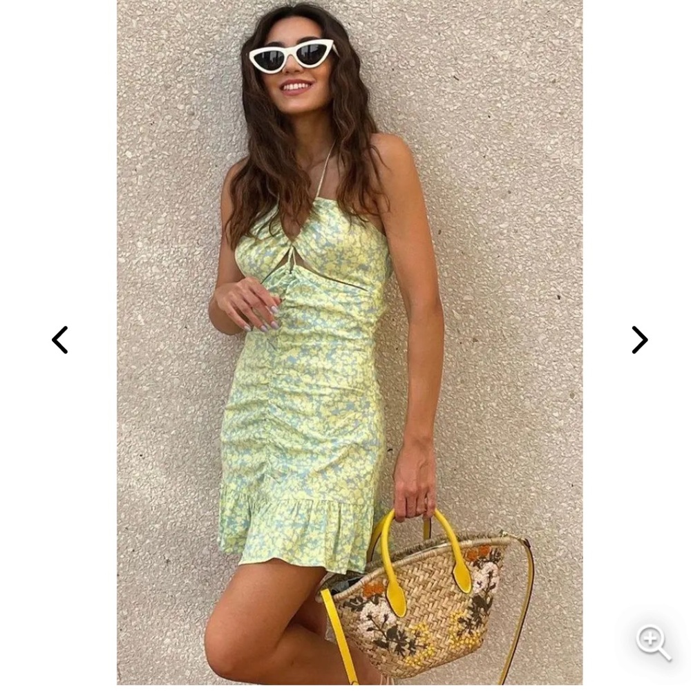 Zara Floral Linen Mini Dress with Ruching & Cutouts